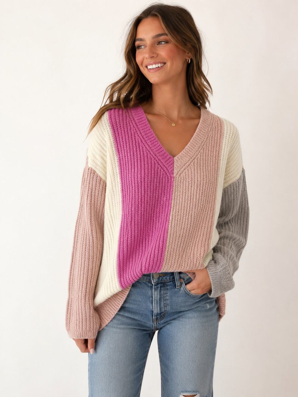 Kori SZ S Oversized Colorblock Striped V-Neck Sweater NWT Pink Gray Cream Tan